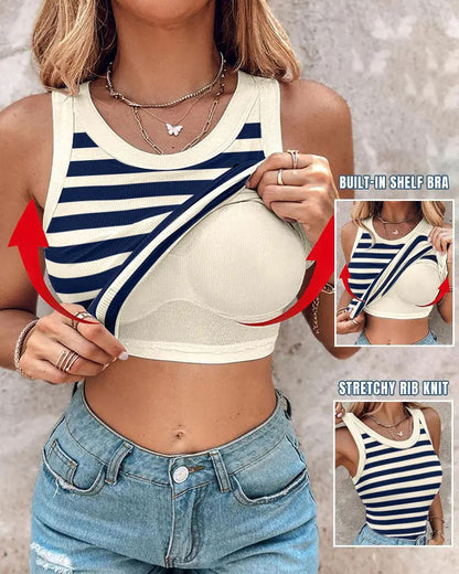 Round Neck Ribbed Tank Top With Bra Pads